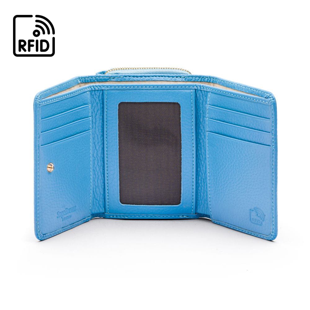 RFID blocking leather tri-fold purse, blue, open view