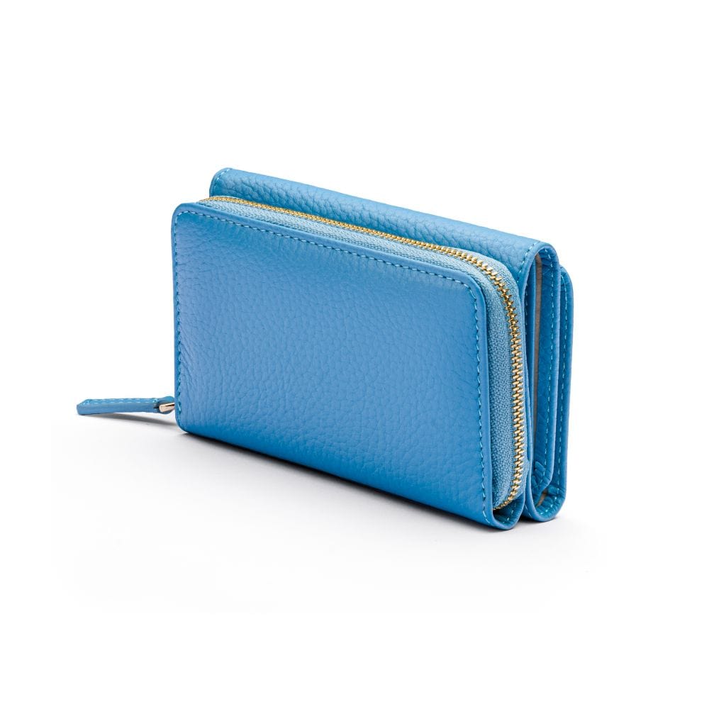 RFID blocking leather tri-fold purse, blue, back view