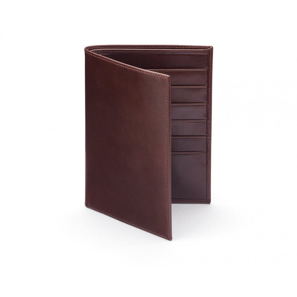 3/4 length tall bifold wallet with 6 CC, brown, front