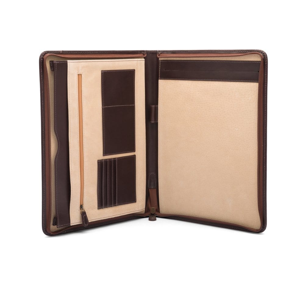 A4 leather notepad folder, brown, open