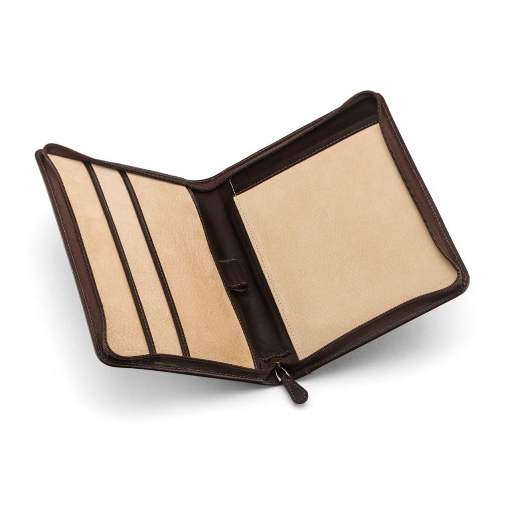 A5 zip around leather folder, brown, inside