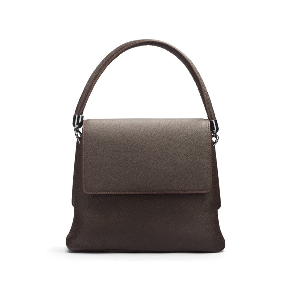 Leather handbag with flap over lid, brown, front view
