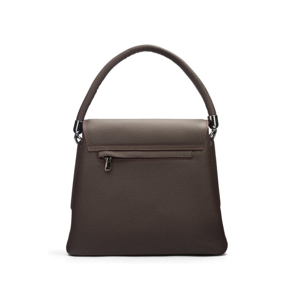 Leather handbag with flap over lid, brown, back view