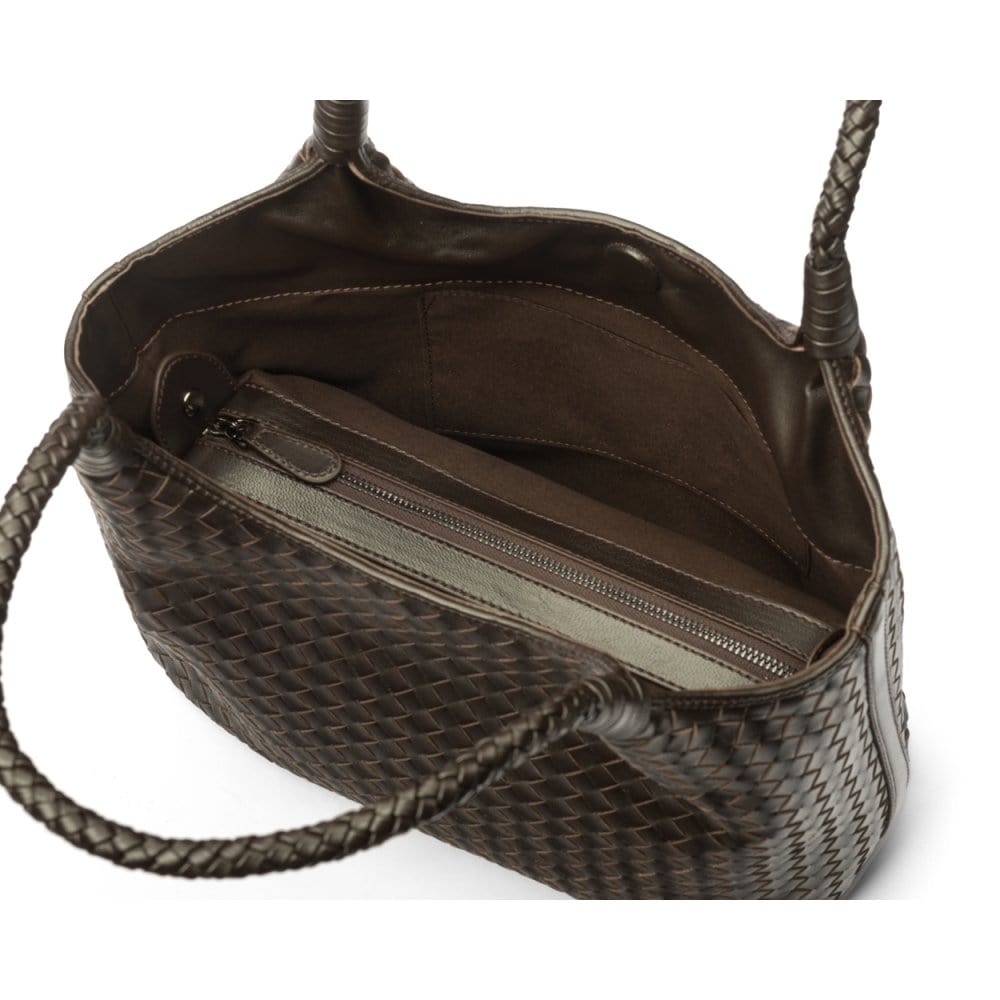 Woven leather shoulder bag, brown, inside