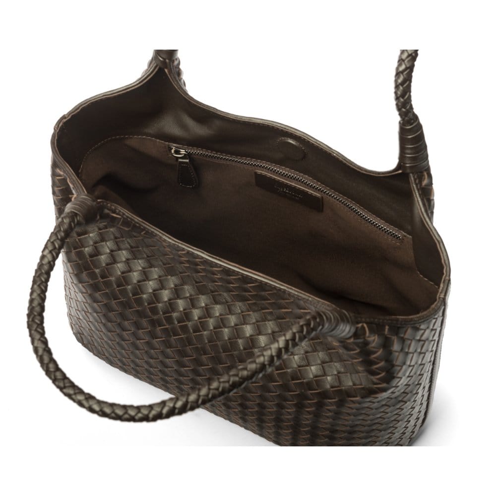 Woven leather shoulder bag, brown, open
