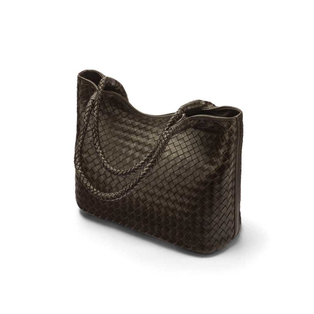 Woven leather shoulder bag, brown