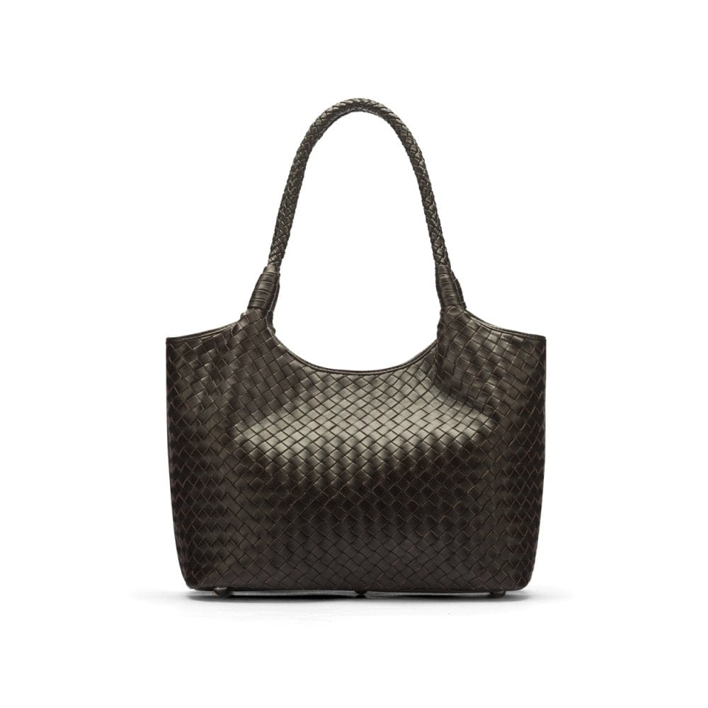 Woven leather shoulder bag, brown, front