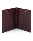 Bifold leather wallet with 6 credit cards, brown, open