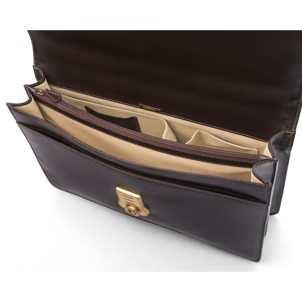 Bridle hide briefcase with brass lock, Harvard, brown, inside