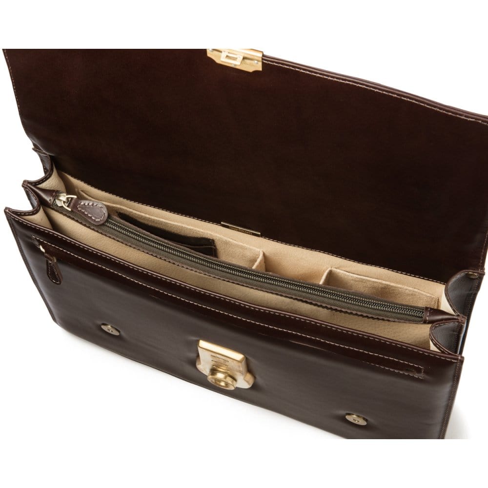 Leather Cambridge satchel briefcase with brass lock, brown, inside