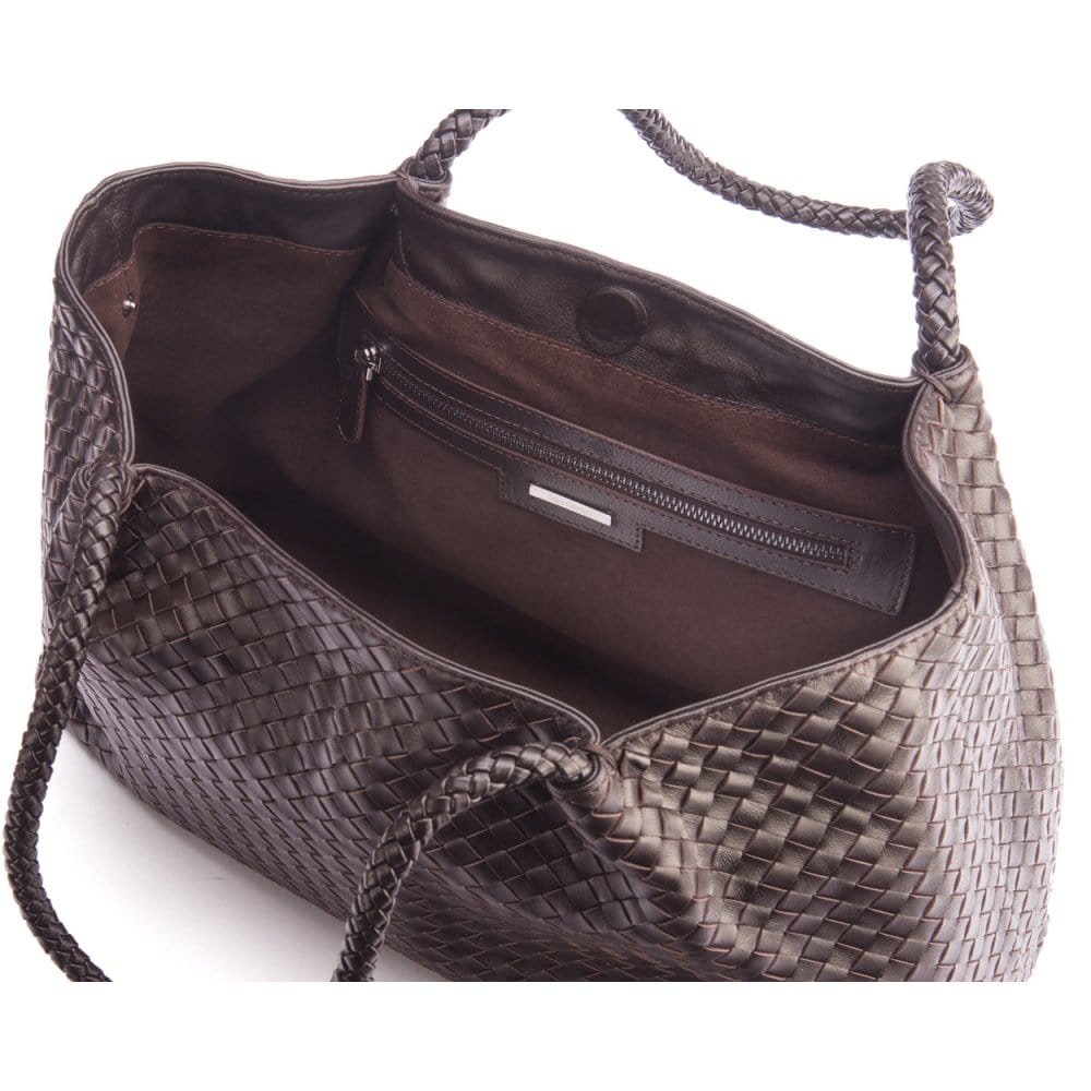 Woven leather slouchy bag, brown, inside