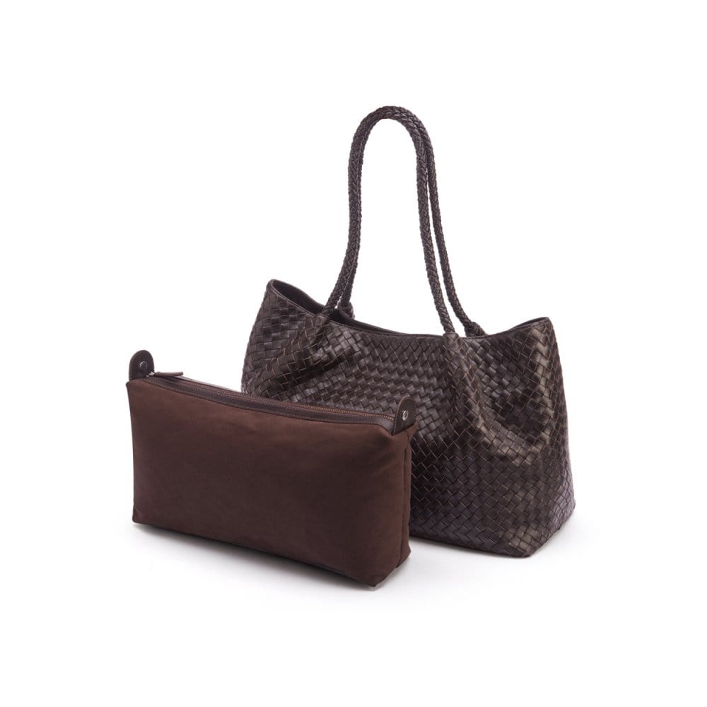 Woven leather slouchy bag, brown, inner bag