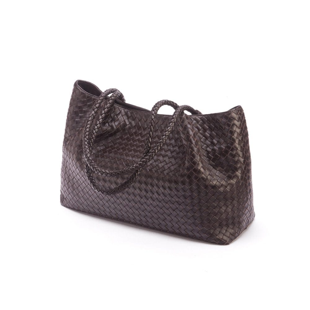 Woven leather slouchy bag, brown, side