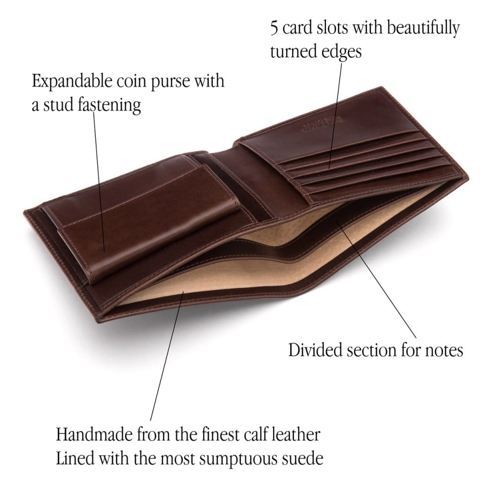 Leather wallet with coin purse, brown, features