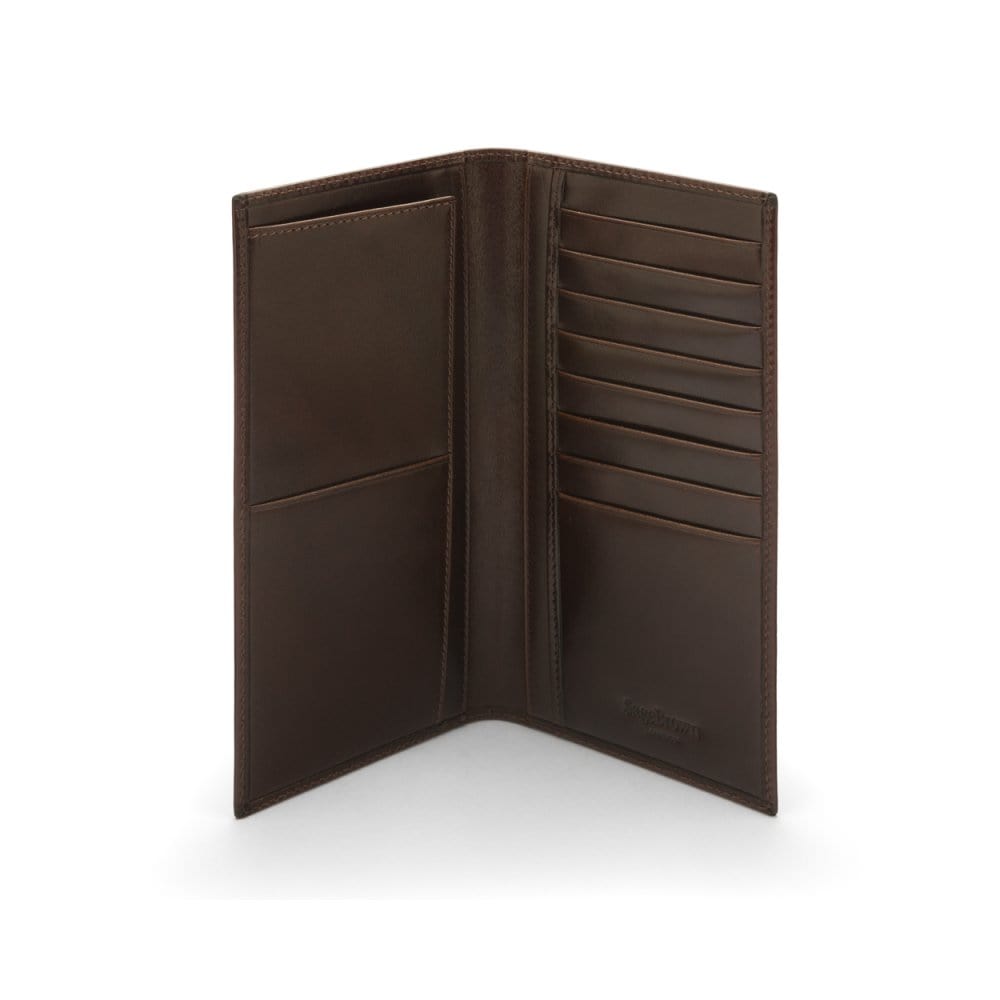 Tall leather wallet with 8 card slots, brown, open