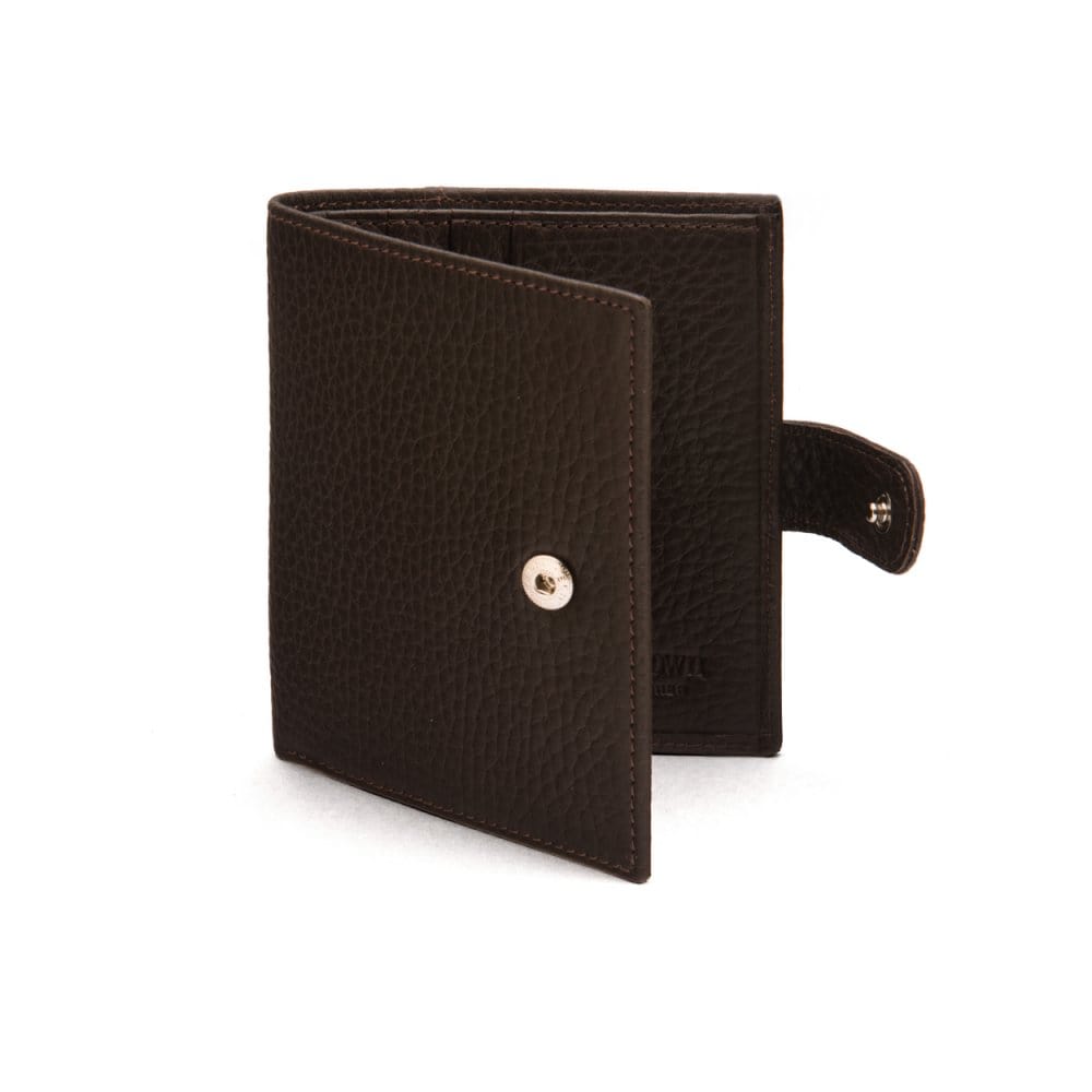Compact leather billfold wallet with tab, brown, front