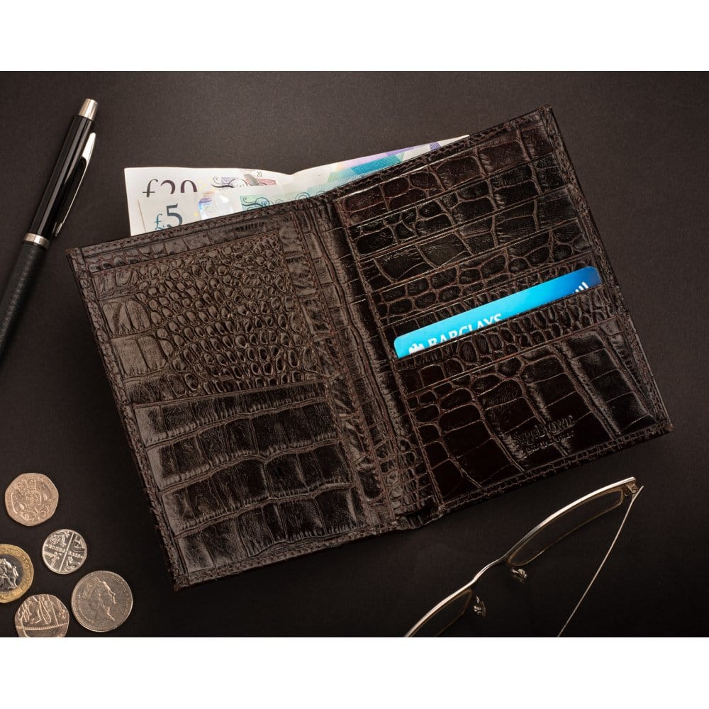 3/4 length tall bifold wallet with 6 CC, brown croc, lifestyle
