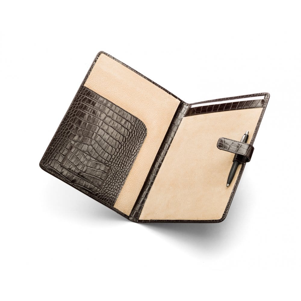 Leather conference folder, brown croc, open