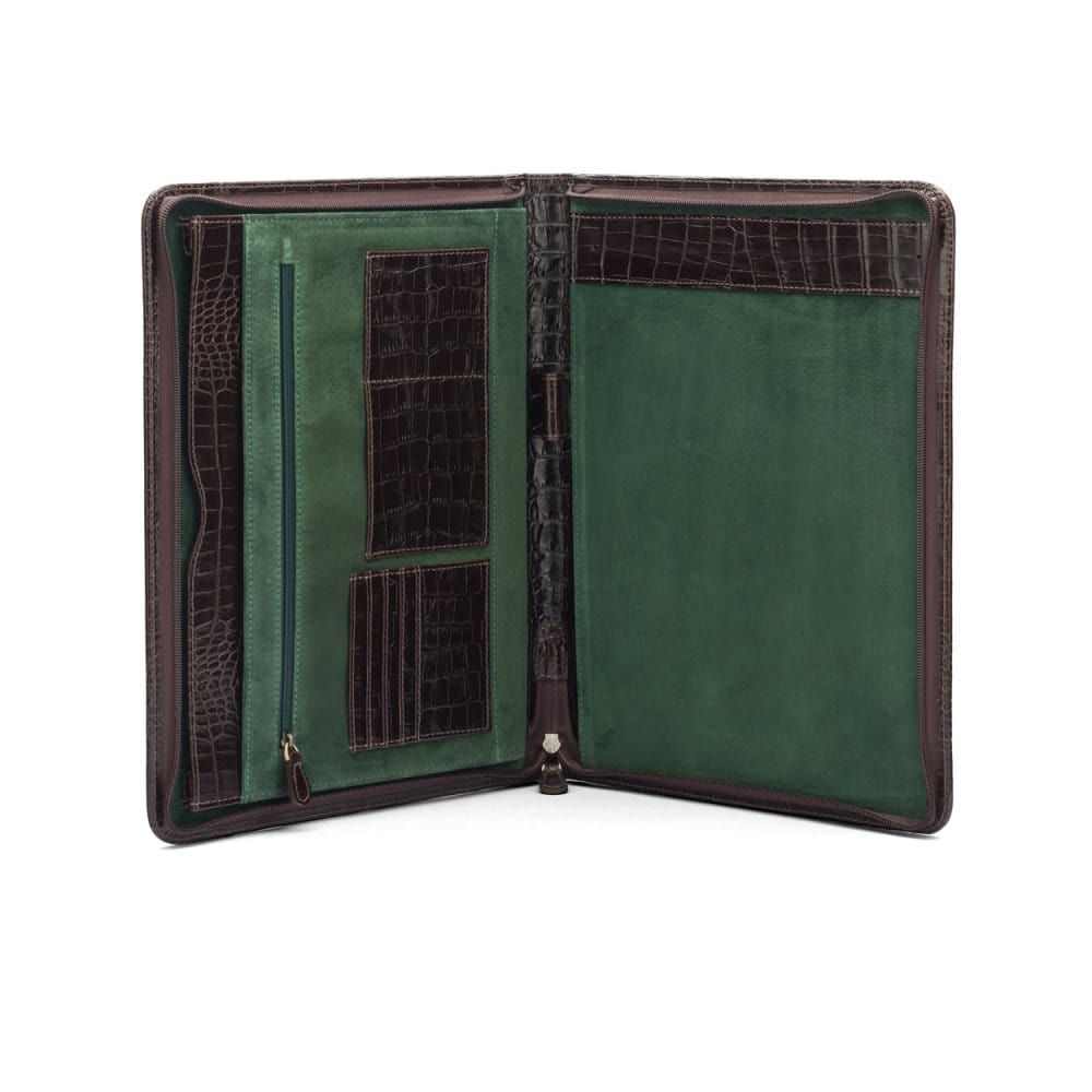 A4 leather notepad folder, brown croc, open