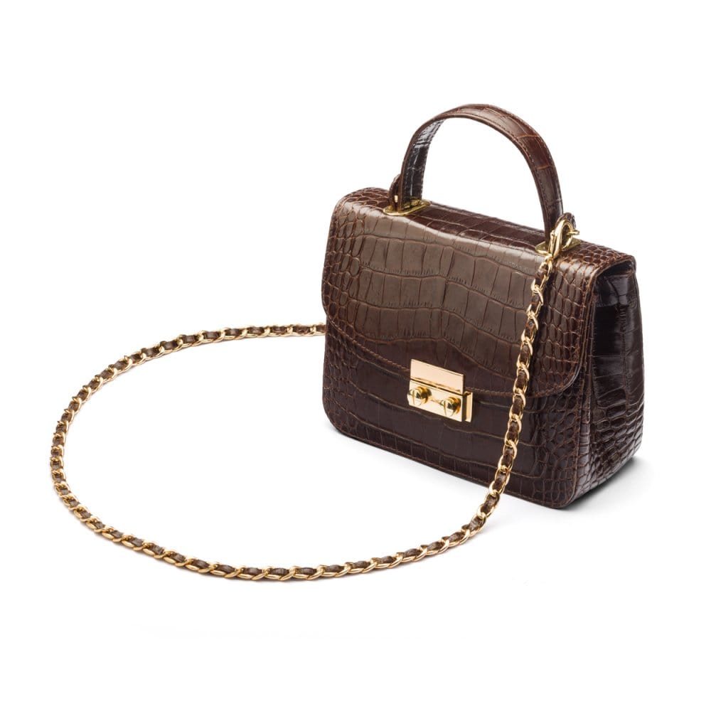 Small leather top handle bag, brown croc, side