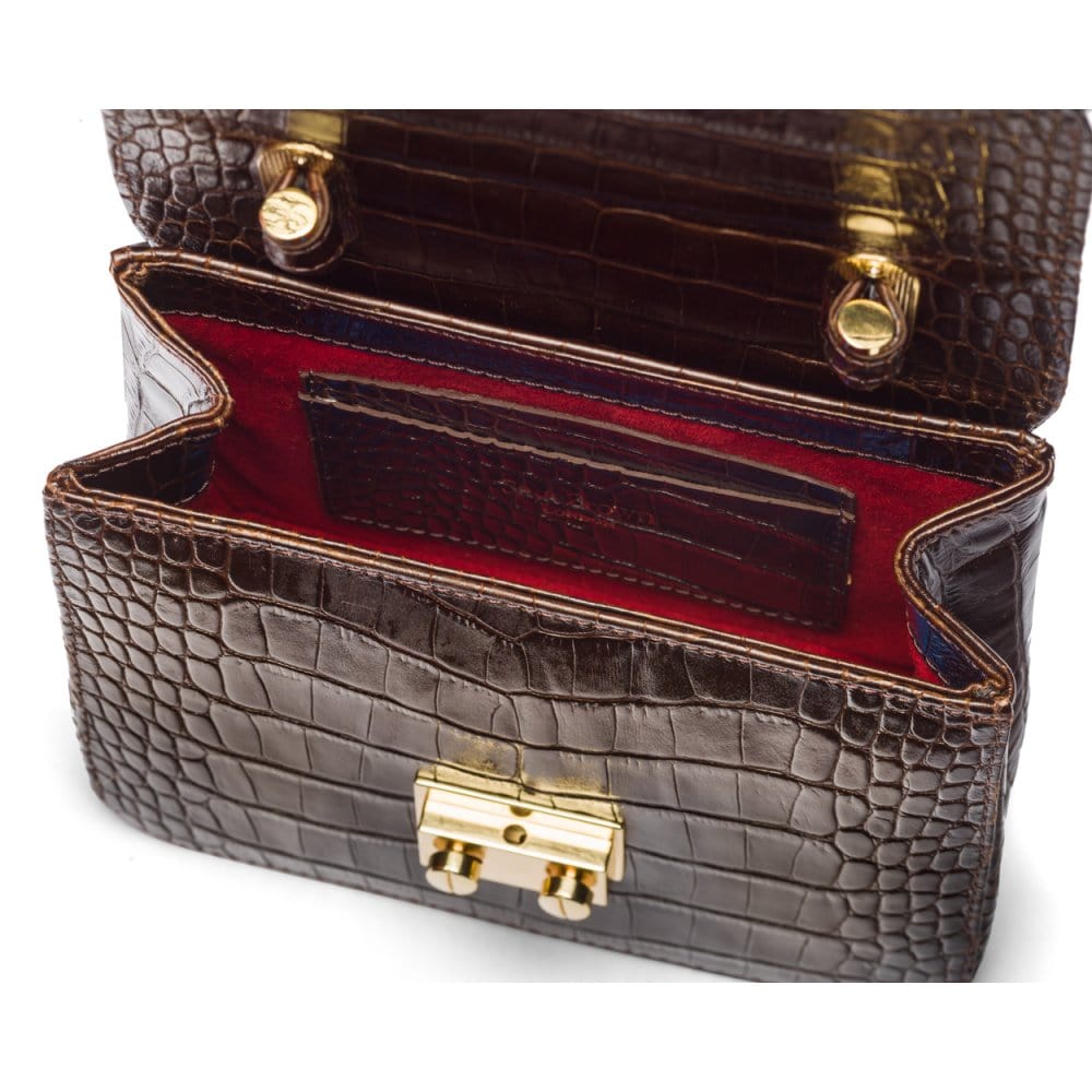 Small leather top handle bag, brown croc, inside