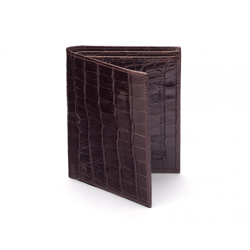 Bifold leather wallet with 6 credit cards, brown croc, front