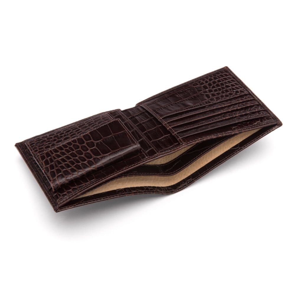 Leather wallet with coin purse, brown croc, inside