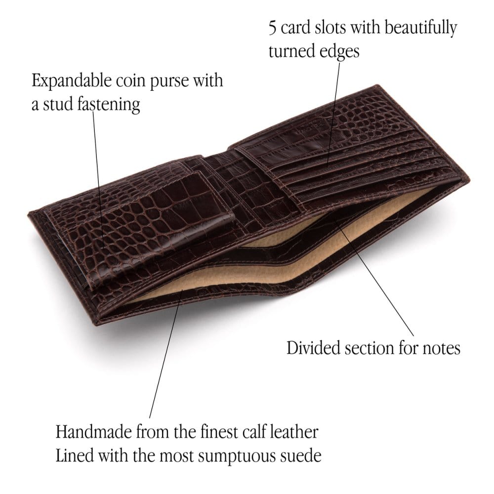 Leather wallet with coin purse, brown croc, features