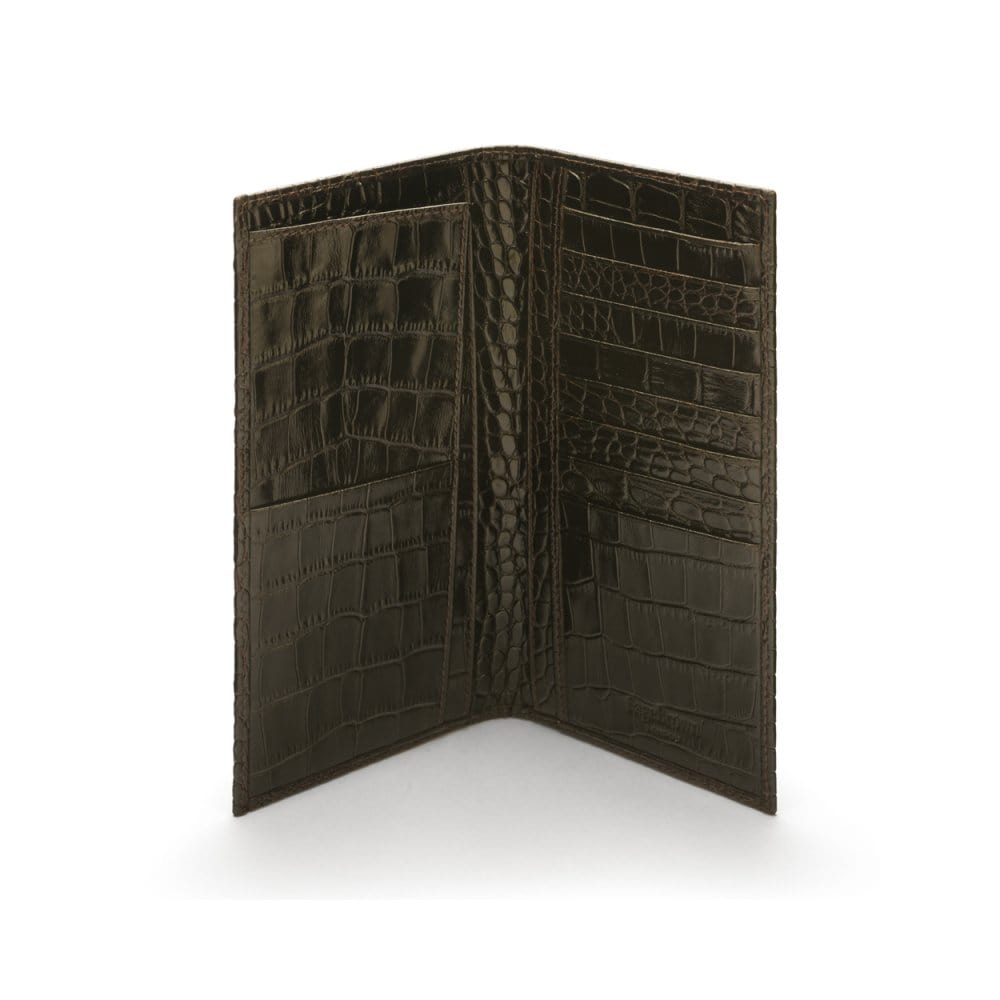 Tall leather wallet with 8 card slots, brown croc, open