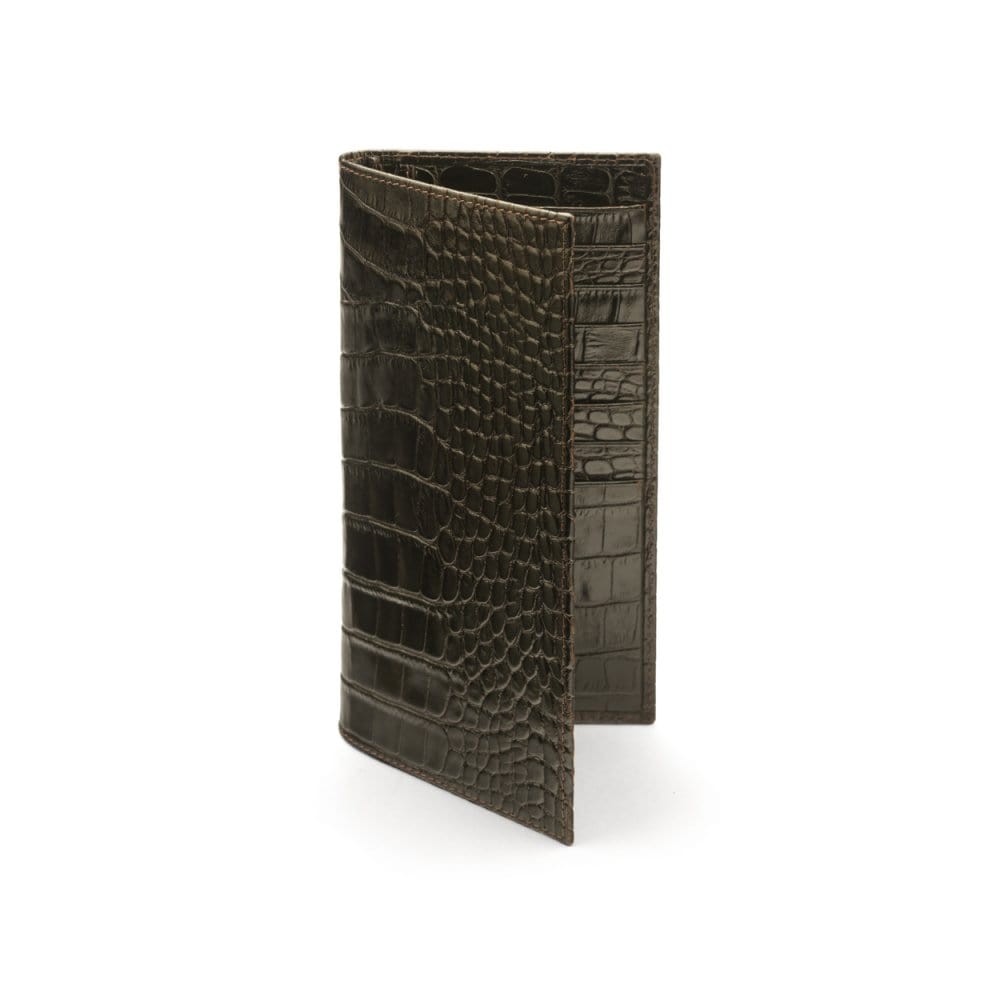 Tall leather wallet with 8 card slots, brown croc, front
