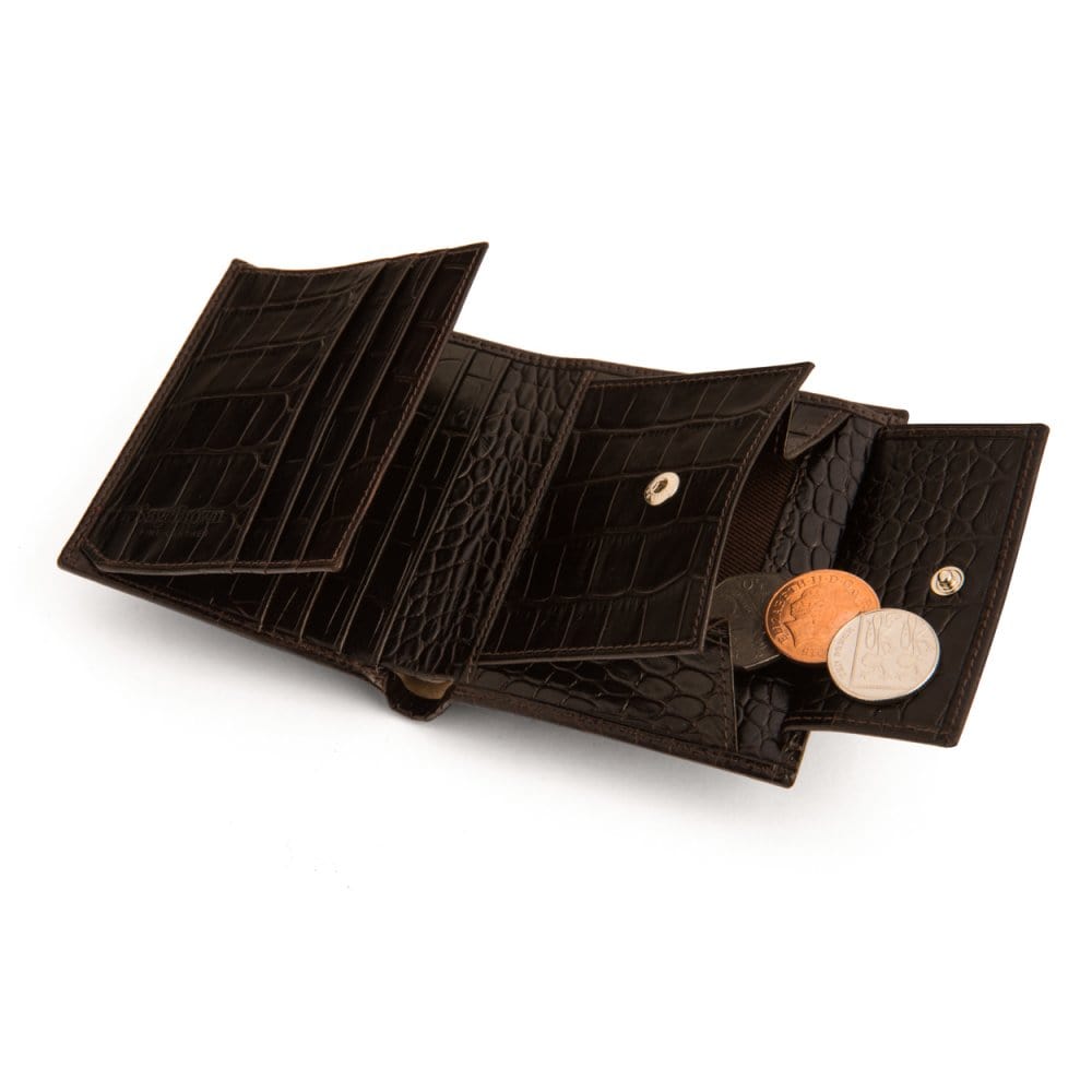 Leather wallet with coin purse, brown croc, open