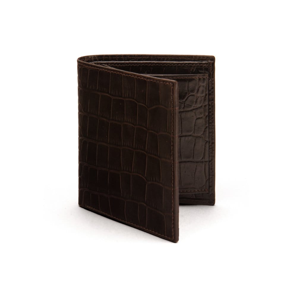 Leather wallet with coin purse, brown croc, front