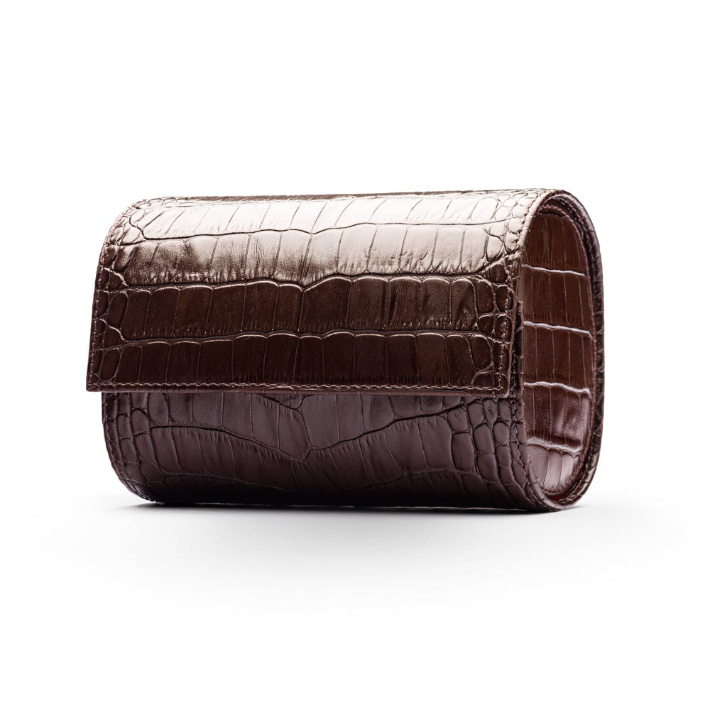 Double watch roll, brown croc, front