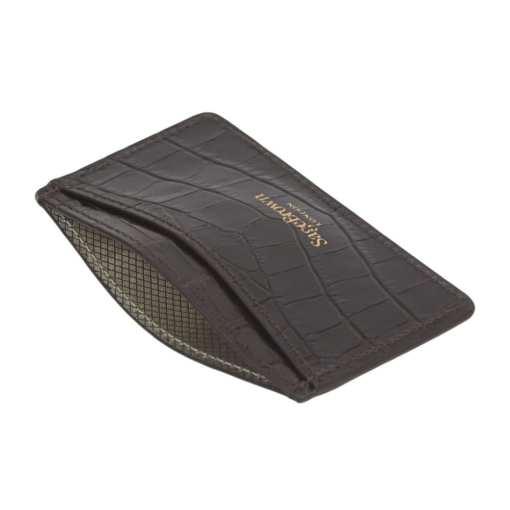 Brown Croc Flat Leather Credit Card Case With RFID Blocking Lining