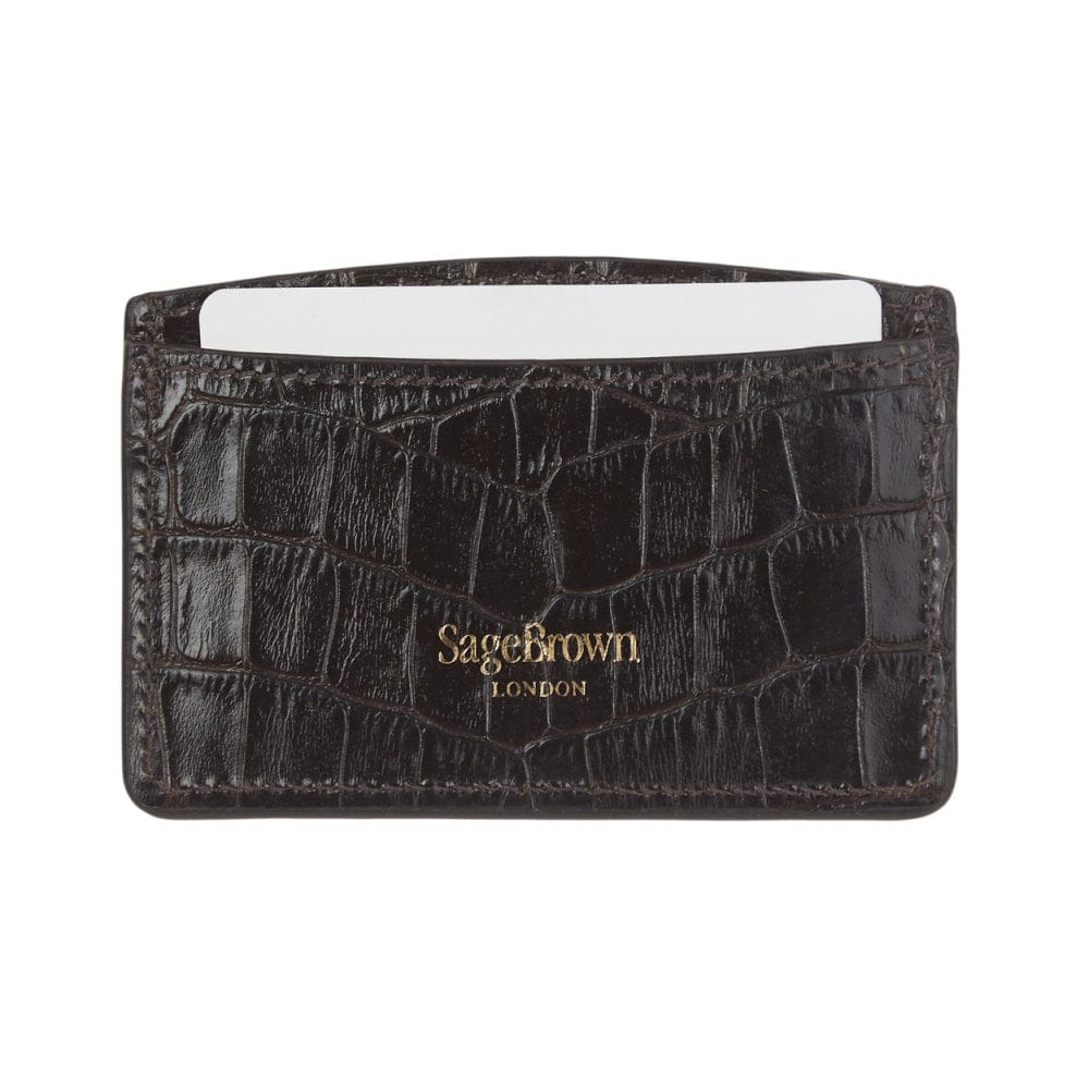 Brown Croc Flat Leather Credit Card Case With RFID Blocking Lining