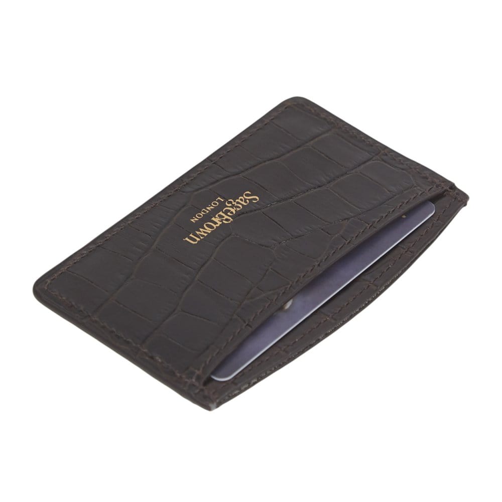 Brown Croc Flat Leather Credit Card Case With RFID Blocking Lining