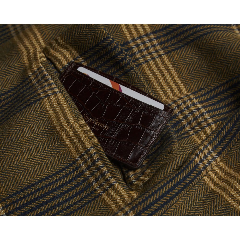 Brown Croc Flat Leather Credit Card Case With RFID Blocking Lining