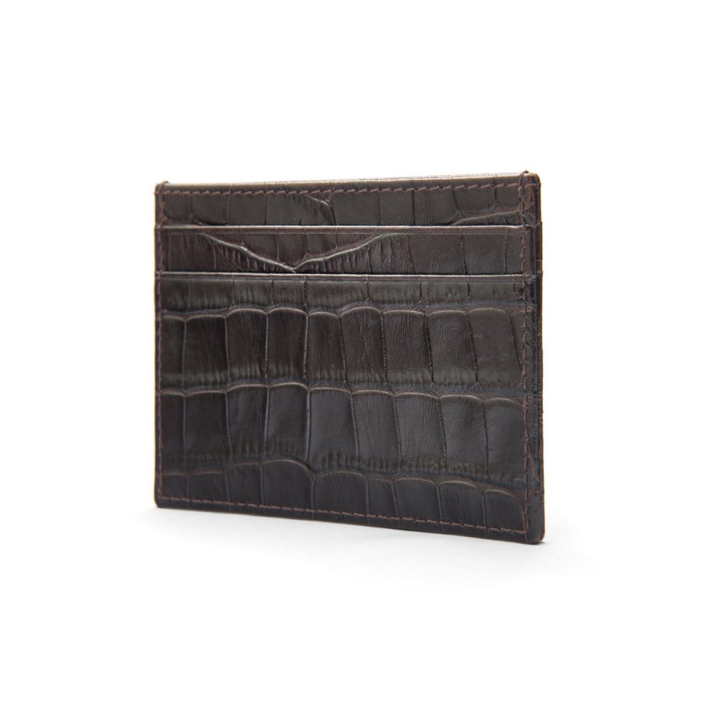 Flat leather credit card wallet 4 CC, brown croc, side