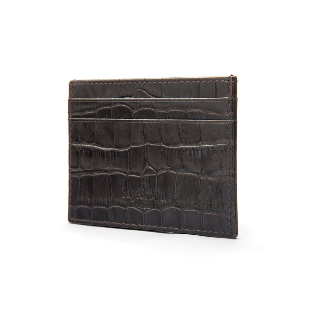 Flat leather credit card wallet 4 CC, brown croc, back