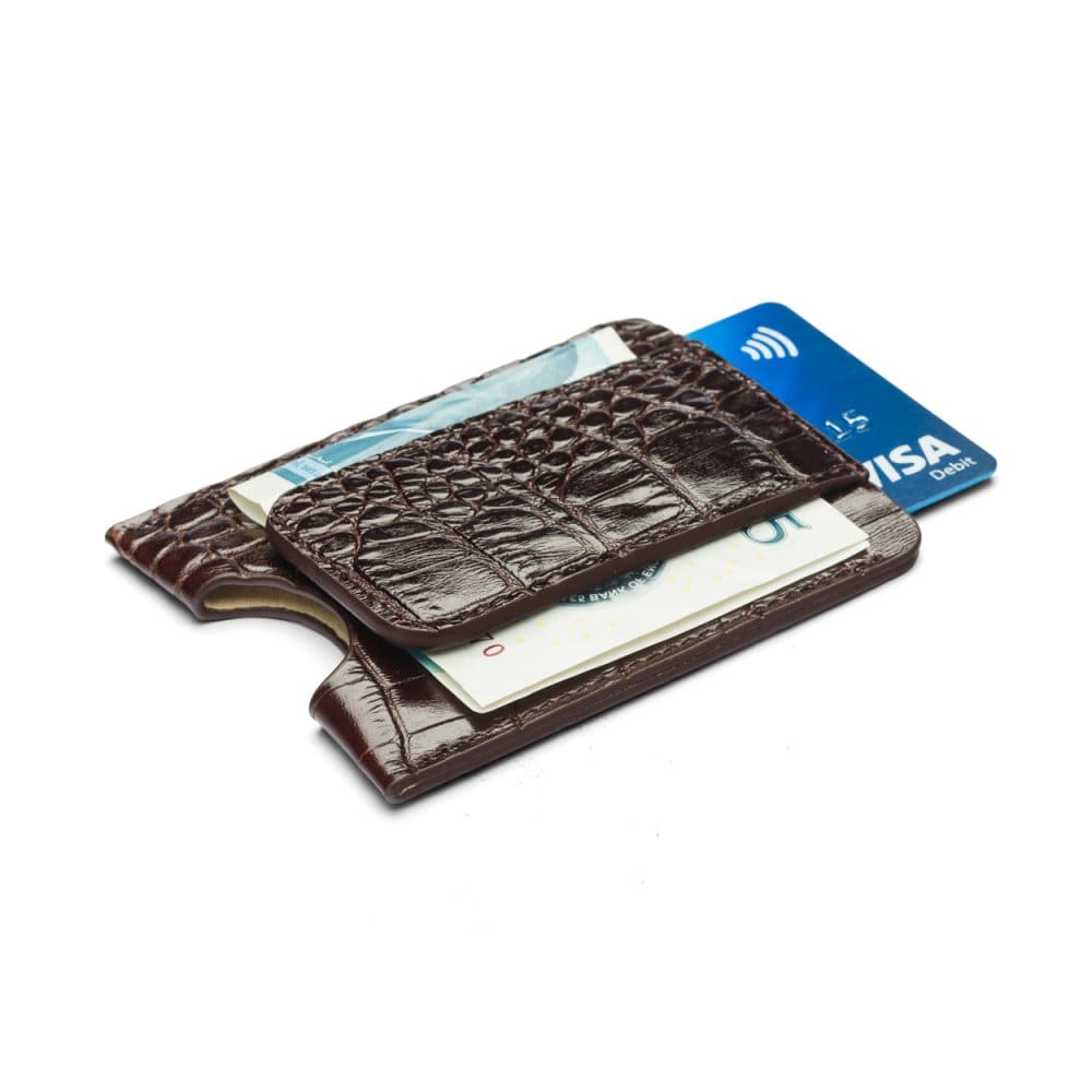 Flat magnetic leather money clip card holder, brown croc, side
