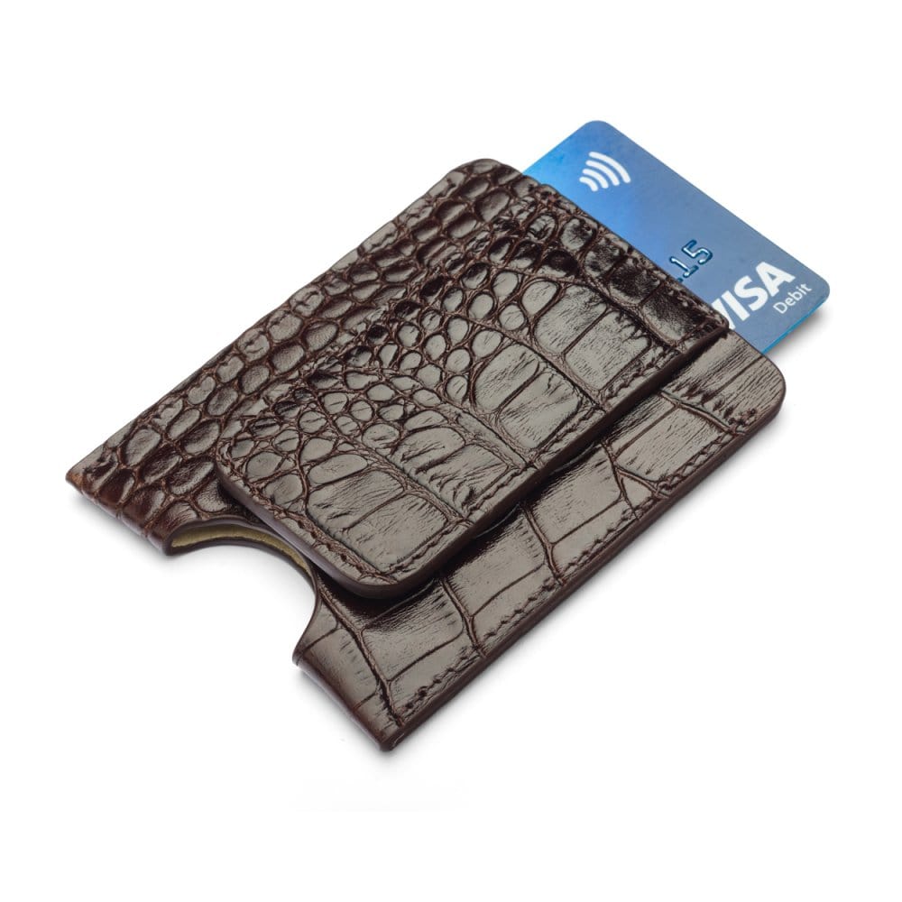 Flat magnetic leather money clip card holder, brown croc