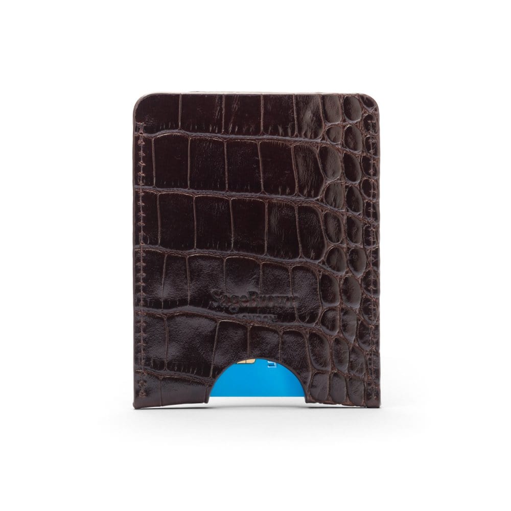 Flat magnetic leather money clip card holder, brown croc, back