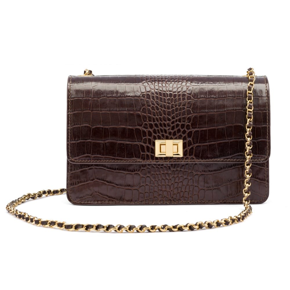 Leather chain bag, brown croc, front view