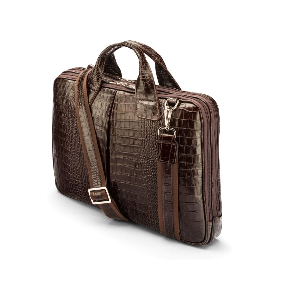 Leather 13" laptop briefcase, brown croc, side