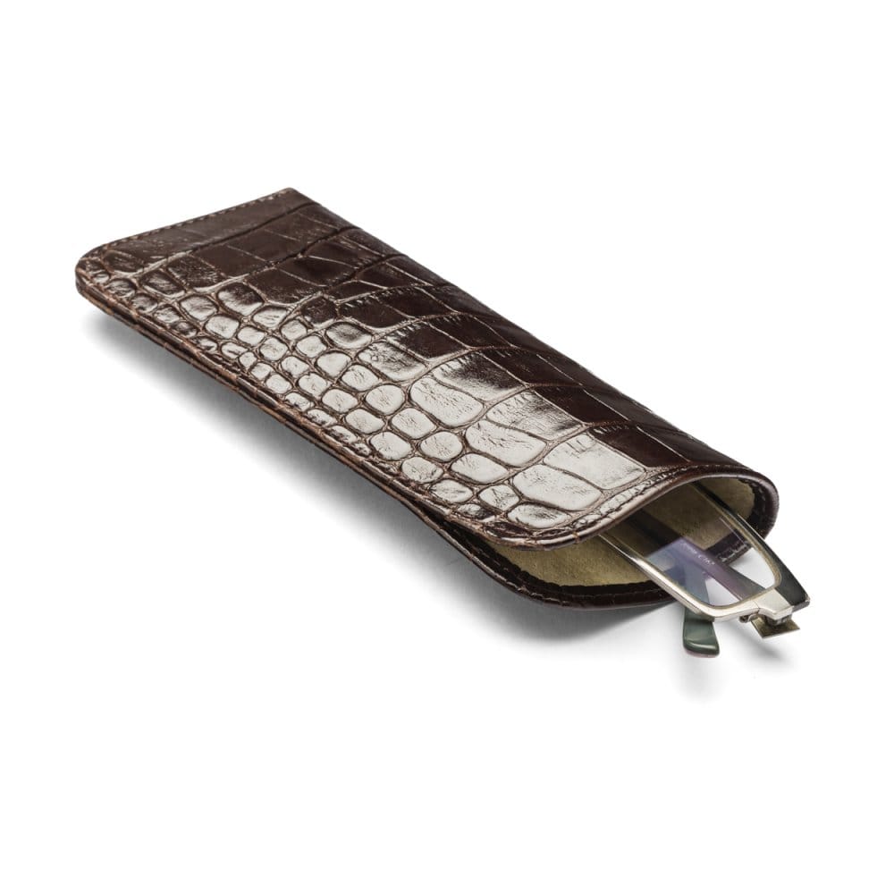 Large leather glasses case, brown croc, open