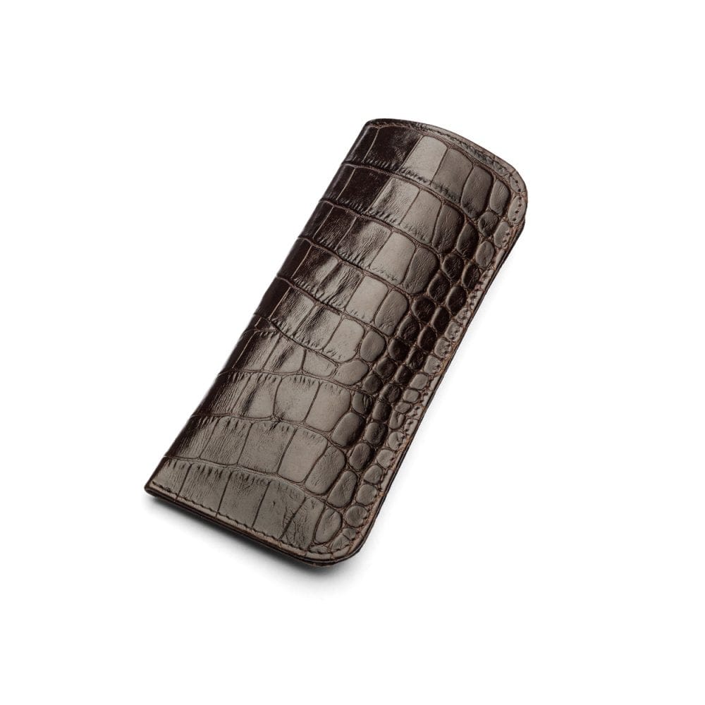 Large leather glasses case, brown croc, front
