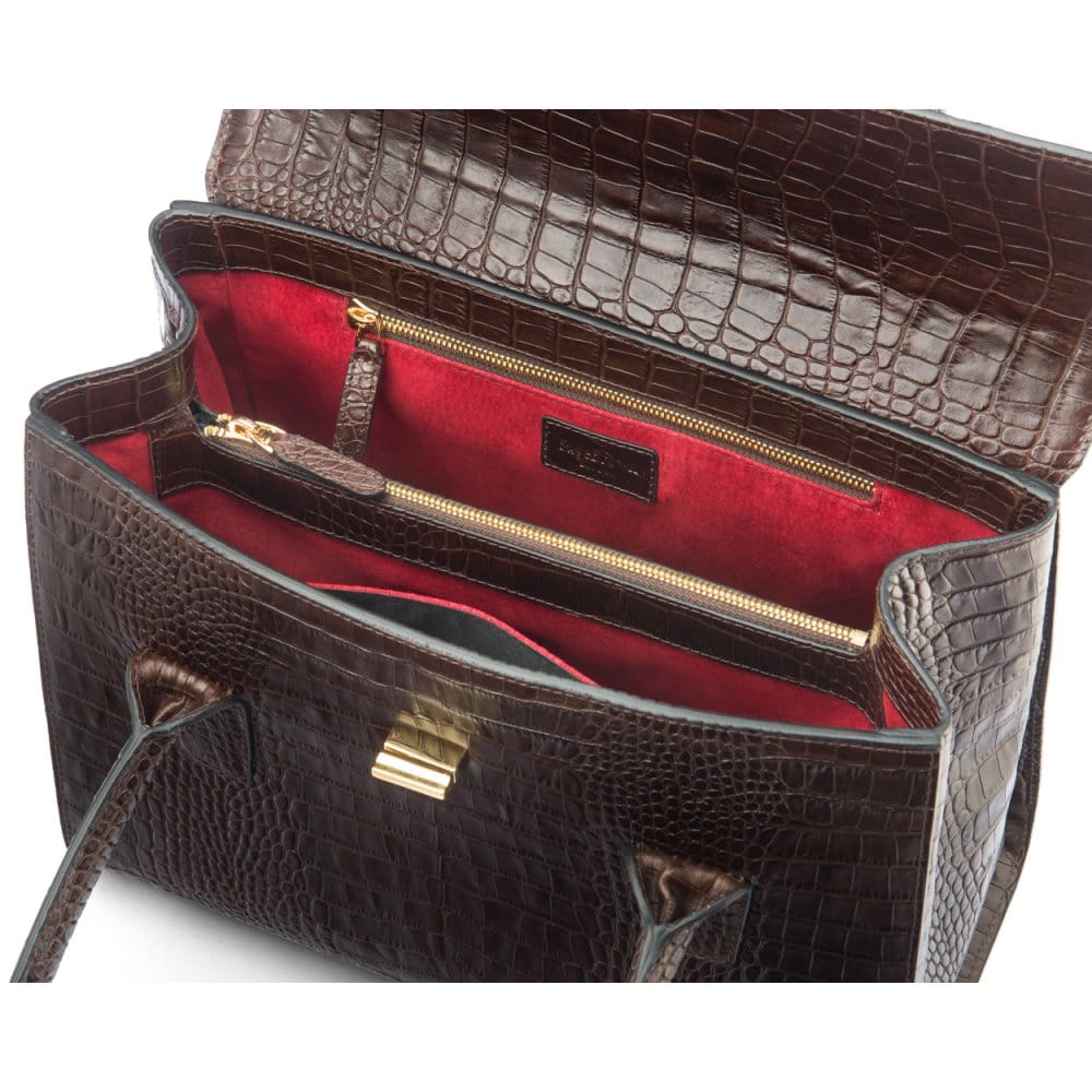 Large leather Morgan bag, brown croc, inside view