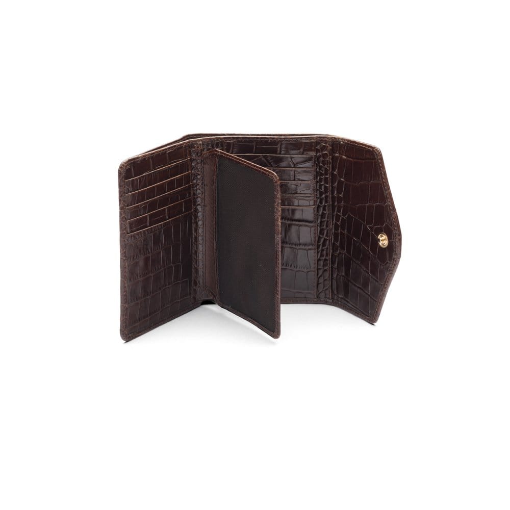 Large leather purse with 15 CC, brown croc, inside