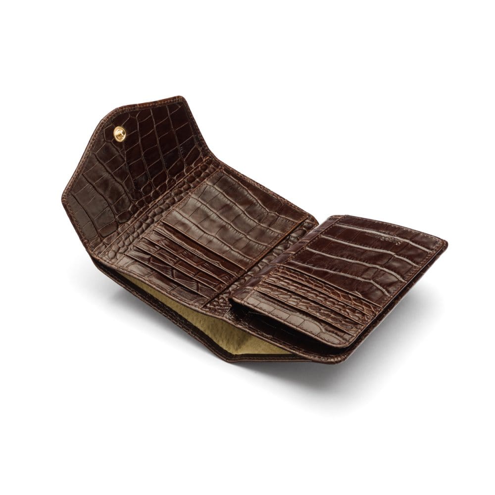 Large leather purse with 15 CC, brown croc, open