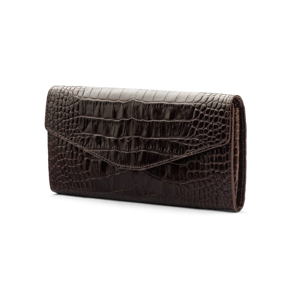 Leather accordion clutch purse with 12 card slots, brown croc, front